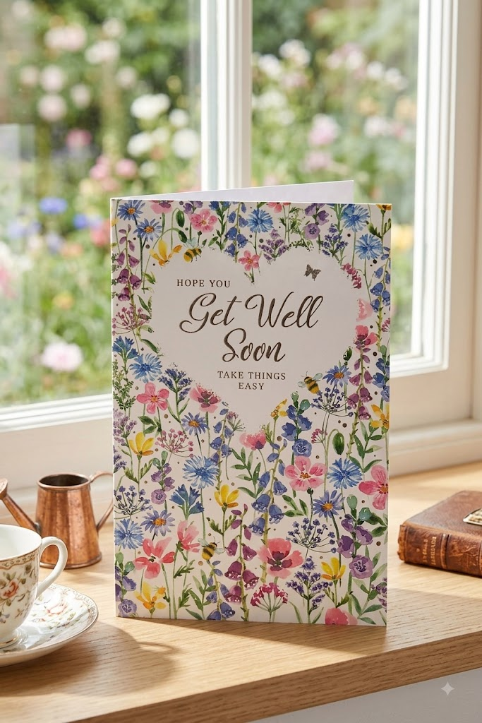 Hope You Get Well Soon card with a stunning wildflower meadow heart design featuring bees and butterflies, displayed on a windowsill with a teacup and copper watering can with a garden view