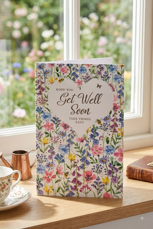 Hope You Get Well Soon card with a stunning wildflower meadow heart design featuring bees and butterflies, displayed on a windowsill with a teacup and copper watering can with a garden view