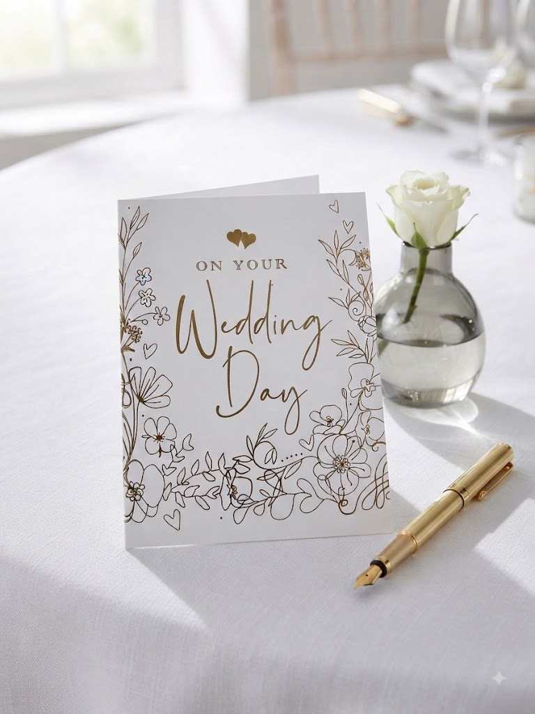 On Your Wedding Day card with gold foil script and delicate line-drawn florals on white background