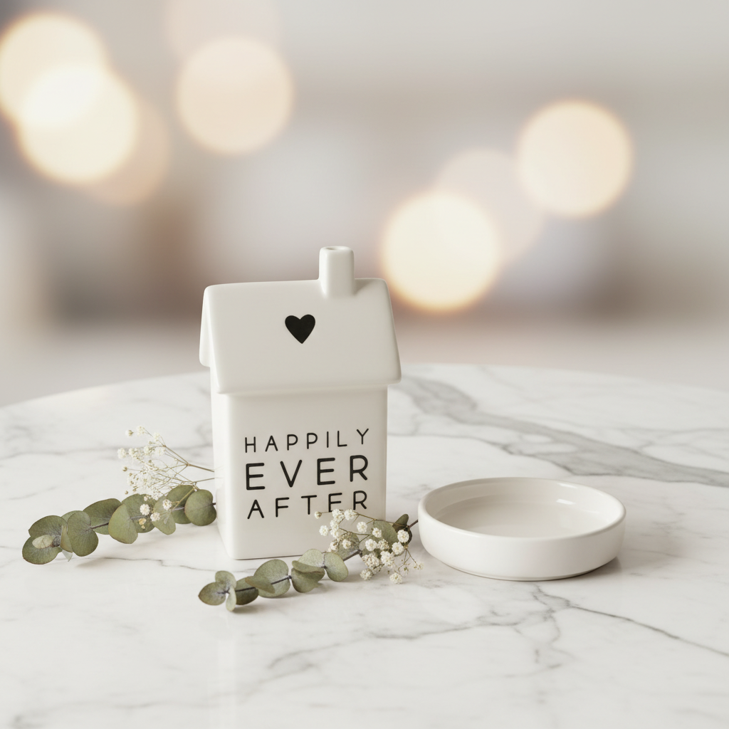 Happily Ever After ceramic house trinket styled on marble surface
