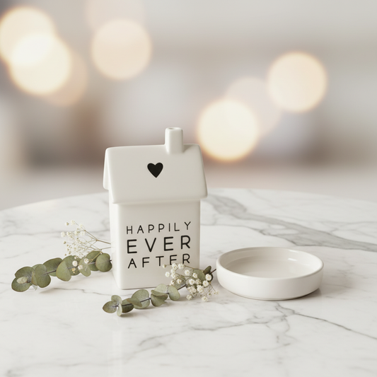 Happily Ever After ceramic house trinket styled on marble surface