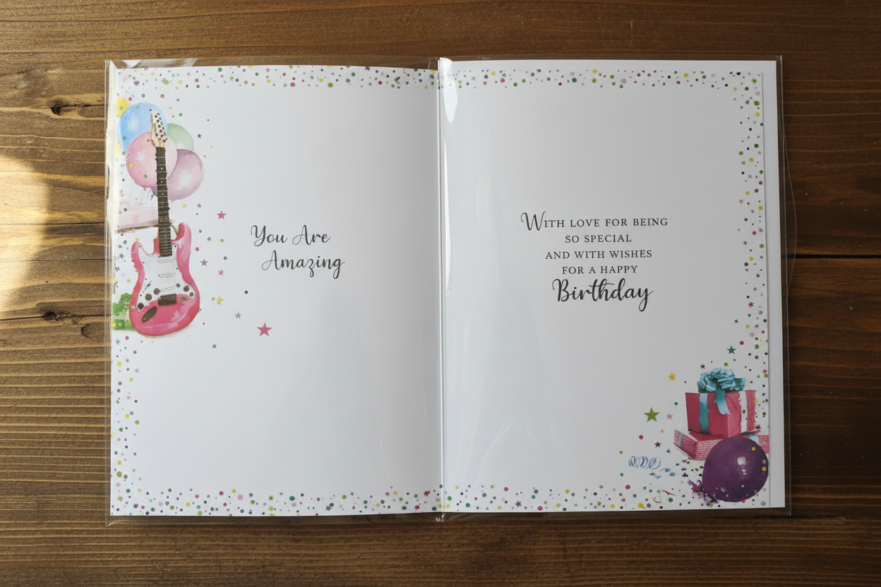 Inside of Birthday Wishes Niece card showing You Are Amazing message in lifestyle setting