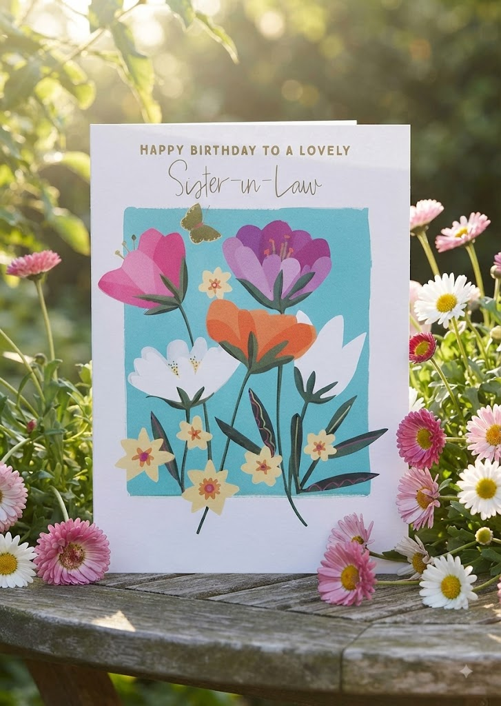 Happy Birthday To A Lovely Sister-In-Law card featuring vibrant illustrated flowers in pink, purple, orange and white on a teal background with a gold butterfly, displayed on a garden table surrounded by pink and white daisies in dappled sunlight