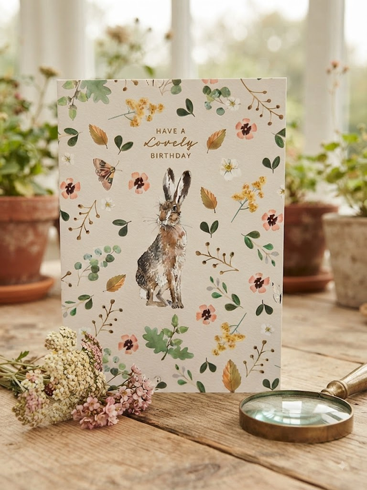 Have A Lovely Birthday card featuring an illustrated hare surrounded by a soft botanical floral print of pink poppies, yellow wattle and eucalyptus leaves on cream, displayed on a rustic wooden surface with dried wildflowers and a vintage magnifying glass