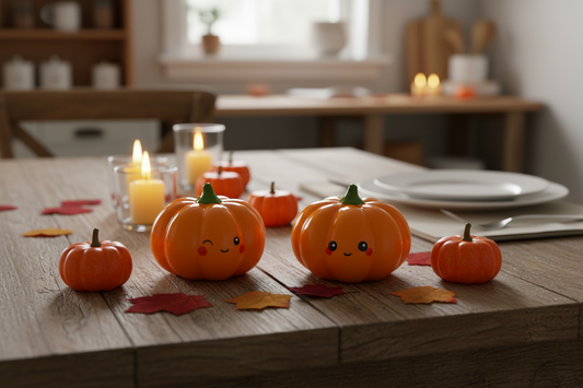 Kawaii pumpkin salt and pepper shakers on an autumn dining table with candlelight and seasonal decorations