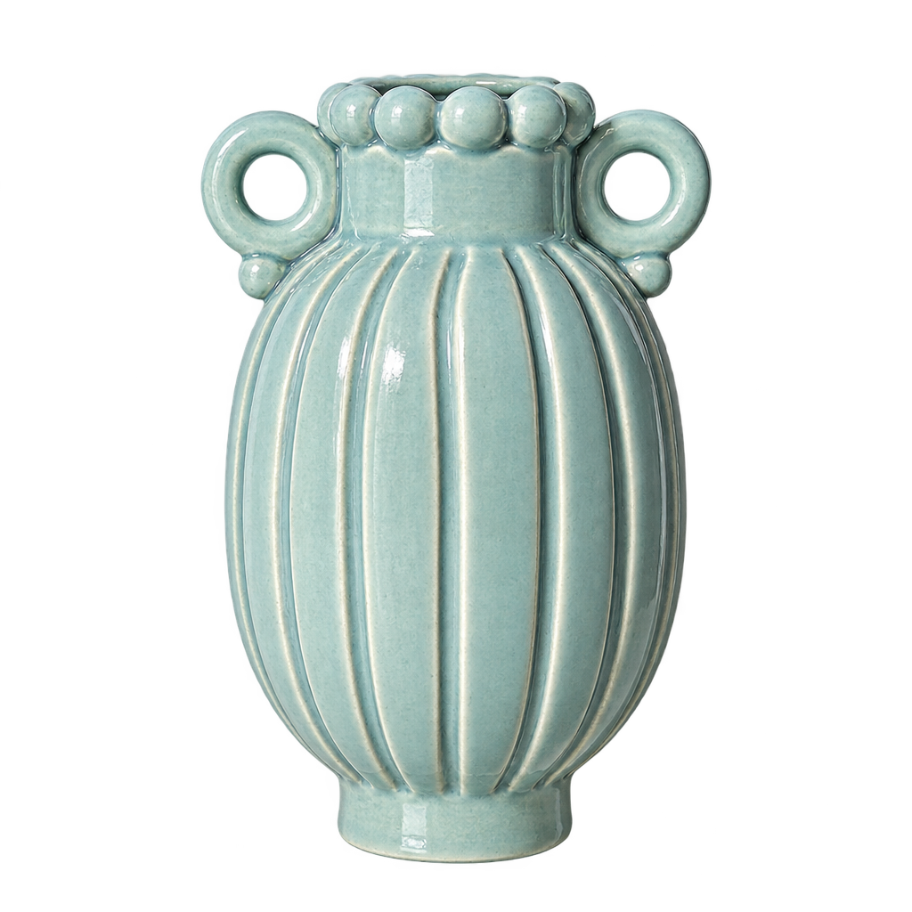Pale blue ribbed vase with loop handles on a transparent background