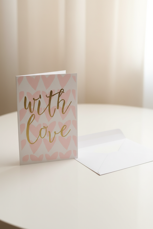 With Love card lifestyle shot – upright with white envelope, warm natural light