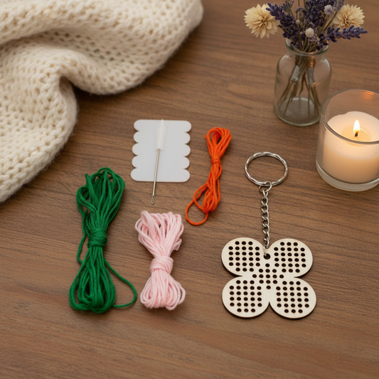 Stitch Your Own Daisy Wooden Keyring - kit contents including threads, needle and keyring