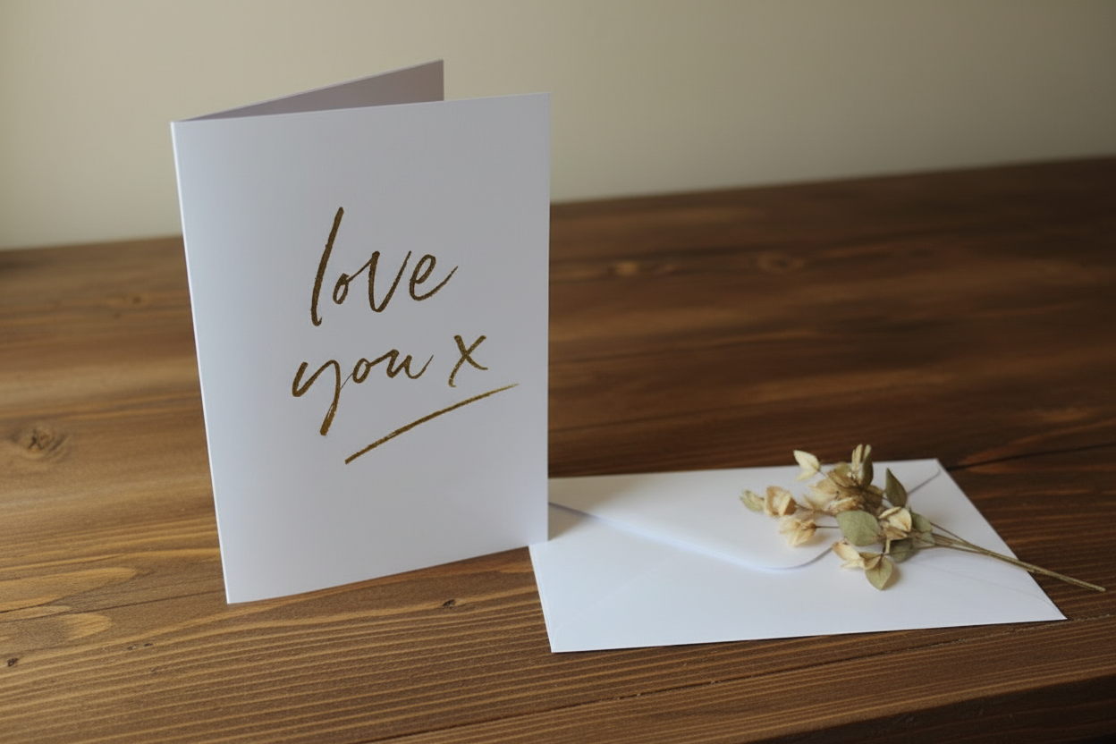Love You X gold foil card standing upright spine-left slightly open in a cosy lifestyle setting