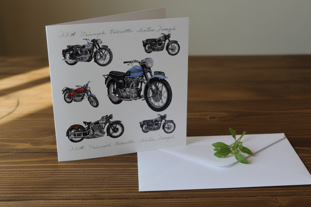 Classic British Motorcycles card standing upright spine-left slightly open in a cosy lifestyle setting