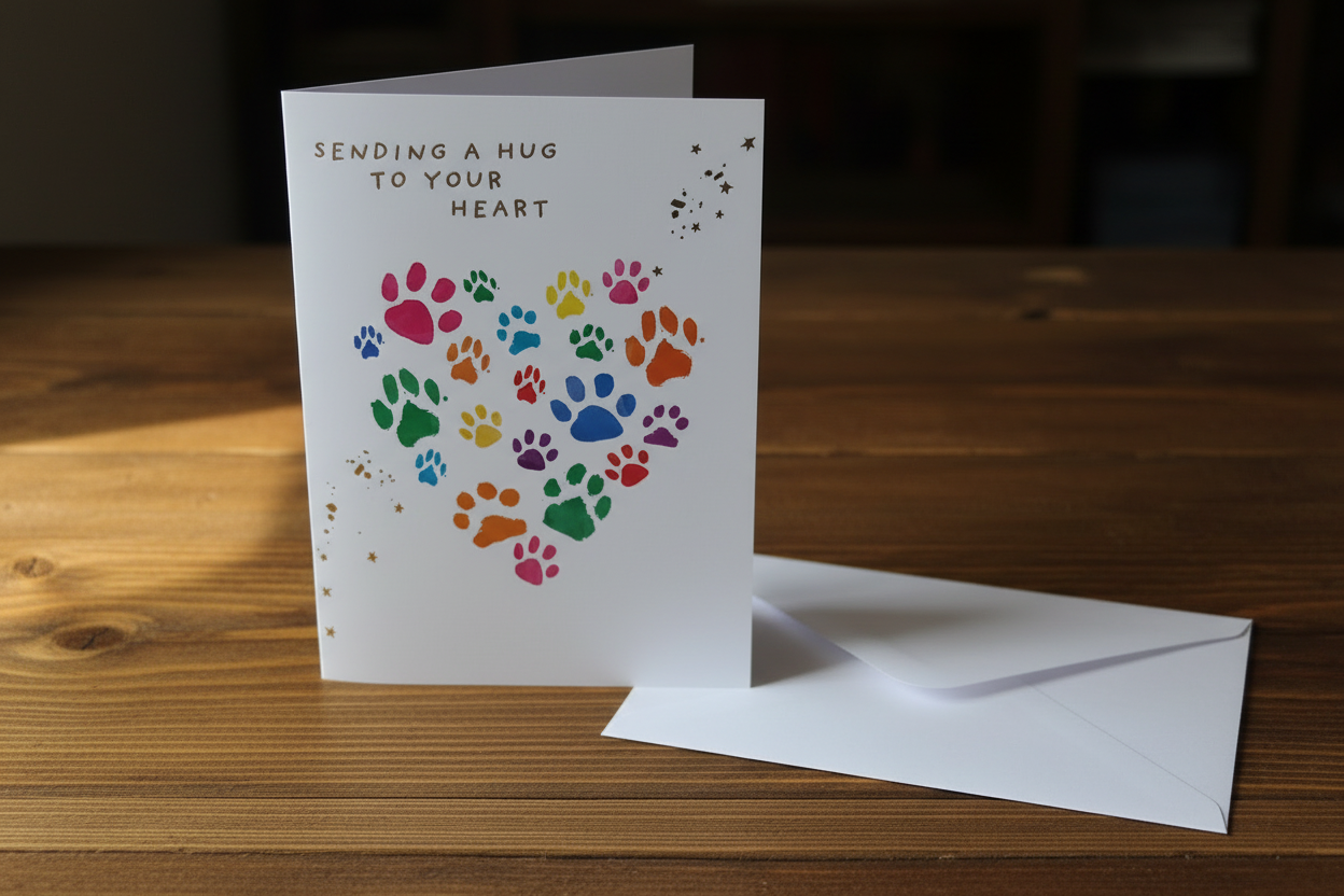 Rainbow paw print heart pet sympathy card standing upright spine-left slightly open in a cosy lifestyle setting