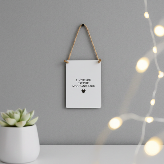 I Love You to the Moon and Back mini sign hung on a soft grey wall