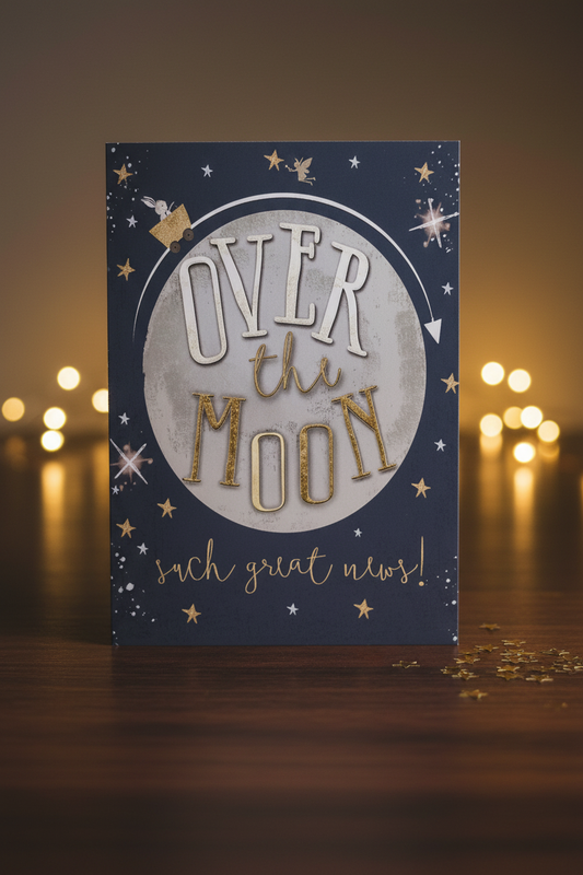 Over the Moon card lifestyle image on dark wooden desk with fairy lights