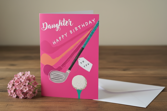 Daughter Happy Birthday golf card standing open spine-left in a cosy lifestyle setting
