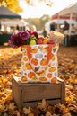 Autumn harvest pumpkin print tote bag filled with seasonal market finds at an outdoor autumn market