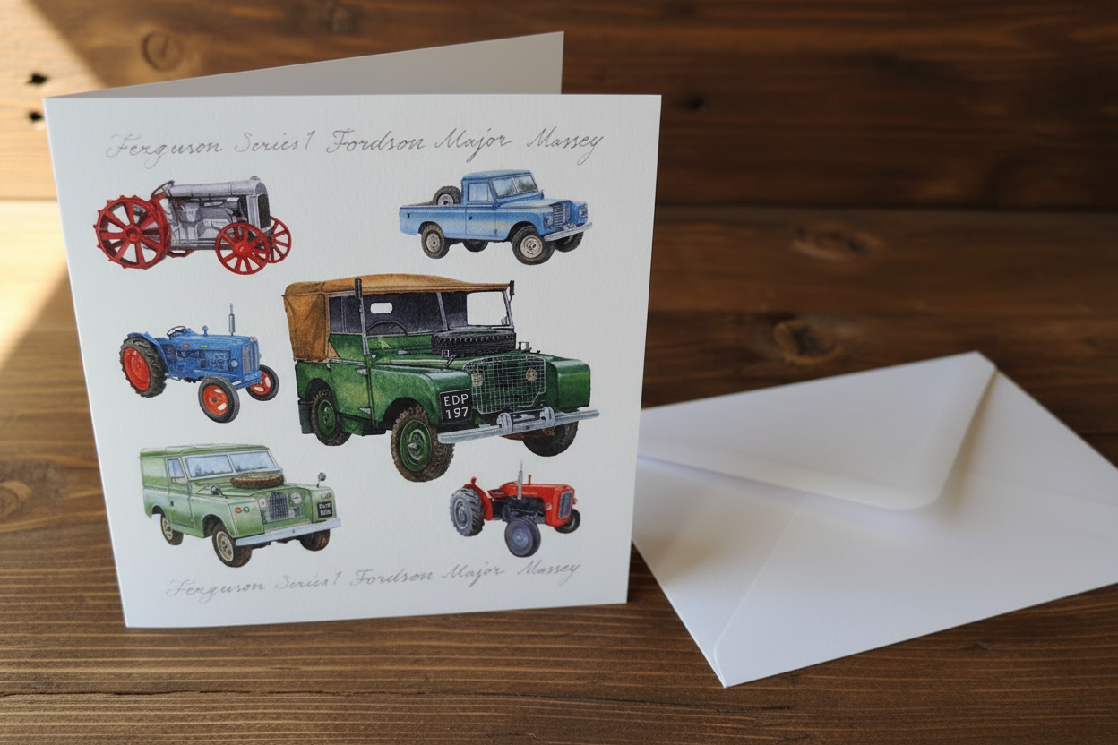 Classic British Farm Vehicles card standing upright spine-left slightly open in a cosy lifestyle setting