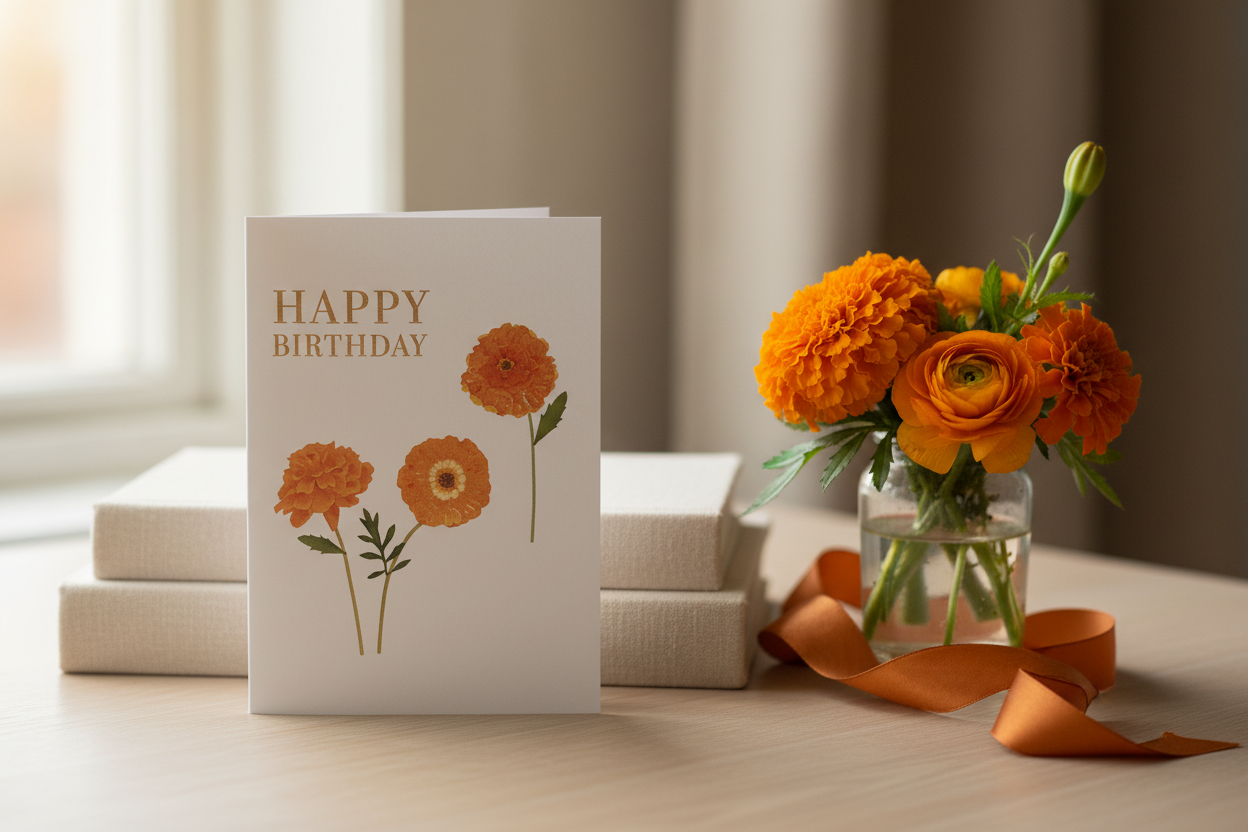 Happy Birthday floral card styled in a cosy lifestyle setting