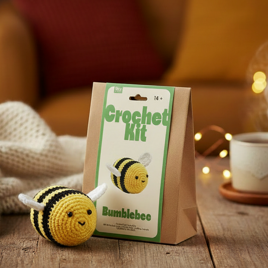Bumblebee Crochet Kit 13cm by Rex London - finished bumblebee and kraft packaging