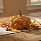 Glazed amber ceramic pumpkin ornament with embossed pumpkin detail displayed as an autumn table centrepiece