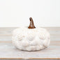 White ceramic pumpkin with raised leaf detailing and a brown stalk