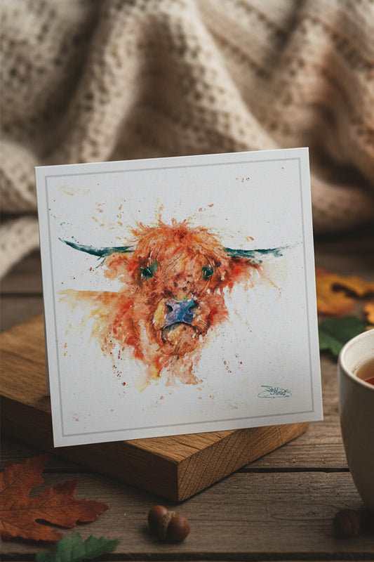 Angus Highland Cow Watercolour Card, 15cm