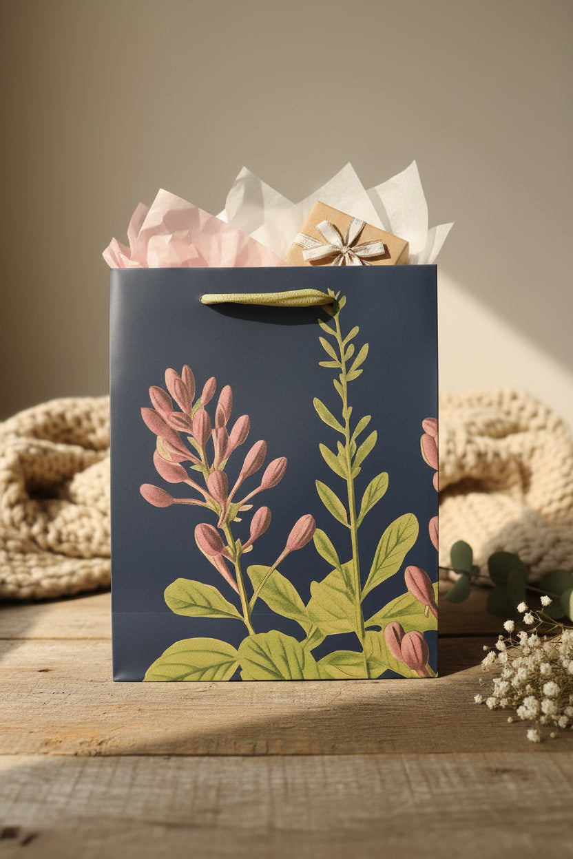 A navy blue gift bag with a botanical illustration of pink flowers and green leaves, standing on a rustic wooden surface with a beige woven blanket and dried flowers in the background.