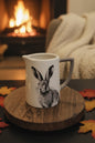 A white ceramic pitcher with a gray handle and spout, featuring a detailed black and white illustration of a hare on the front, displayed on a round wooden board in a cozy living room setting with a fireplace in the background.