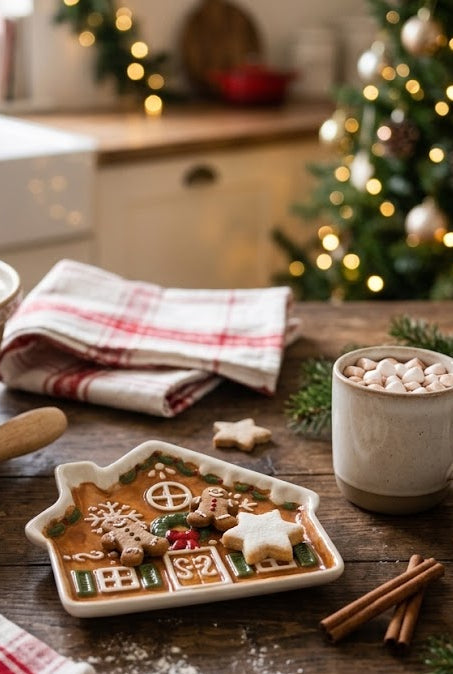 A festive holiday kitchen scene with a decorated gingerbread house cookie on a small dish, a mug of hot cocoa with marshmallows, plaid napkins, evergreen branches, cinnamon sticks, and a blurred Christmas tree in the background.
